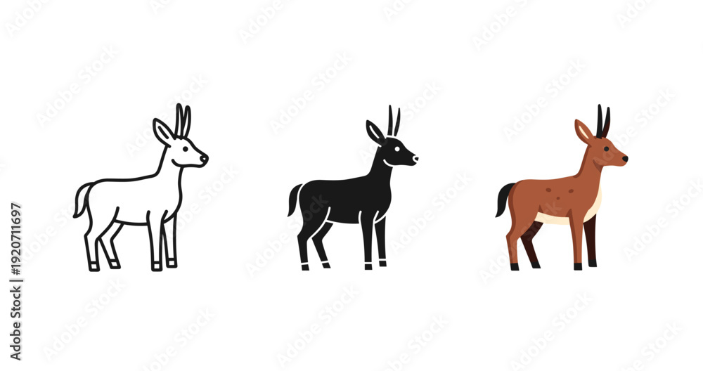 Naklejka premium Three stylized deer illustrations in black, white, and brown variations on white background