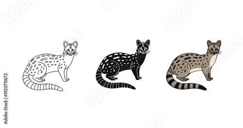 Three stylized cat illustrations in different color schemes