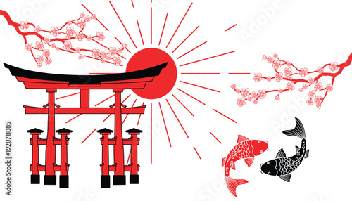Japanese Torii Gate with Rising Sun, Sakura Branches and Koi Fish Illustration
