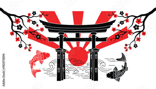 Japanese Torii Gate Over Ocean Waves with Koi Fish and Rising Sun