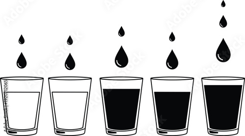 Black and white vector illustration of water glasses with falling droplets, showing different liquid levels, cad drawing flat vector illustration.