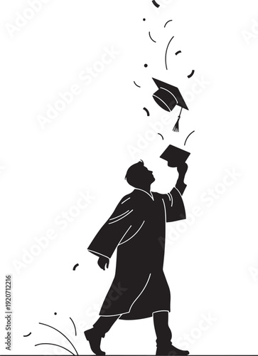 Joyful graduate tossing cap in the air with confetti, celebrating academic accomplishment and freedom.