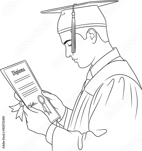 Line drawing of a thoughtful graduate in cap and gown examining a diploma, representing the reward of hard work and education.