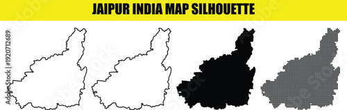 Jaipur India map silhouette bundle displaying diverse vector formats from solid black shapes to intricate halftone dots
