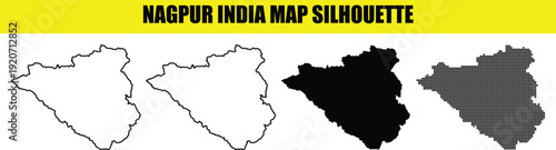 Nagpur India map silhouette vector illustration set featuring outline black solid fill and pixelated dotted grid patterns