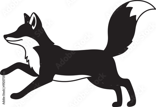 Simple black silhouette illustration of a running fox with a white tip on its tail, isolated on a white background.