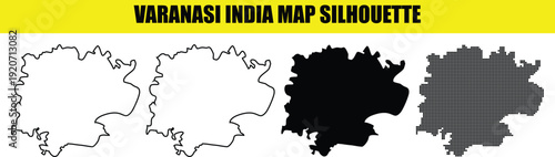 Varanasi India map silhouette collection featuring outlined filled and dotted geographic shapes on transparent background
