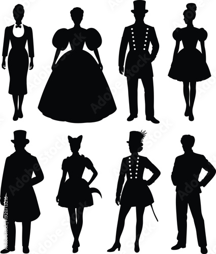 Silhouettes of Victorian era men and women in period clothing, vintage fashion, historic costumes, elegant attire, retro style, old-fashioned characters