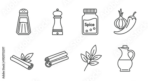 Seasoning containers and spices illustrate the kitchen.