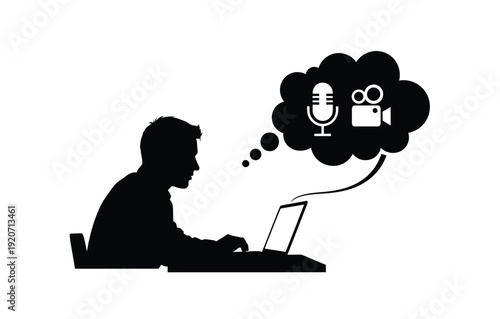 Man working on laptop with podcasting thoughts black silhouette