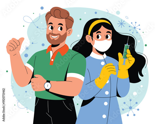 Smiling man giving thumbs up next to a nurse with syringe and mask, vector illustration for vaccination or healthcare