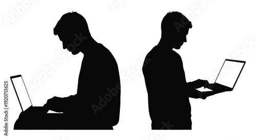 Two individuals using laptops depicted in a stark black silhouette