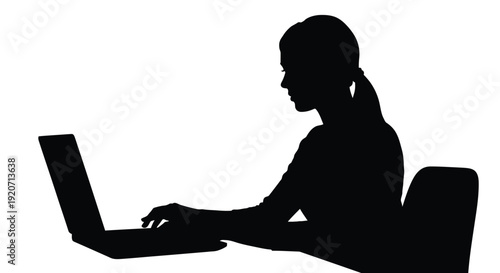 Woman working on a laptop a stark black silhouette