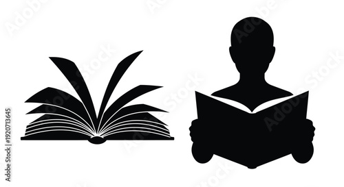A person reading a book with an open book illustration silhouette