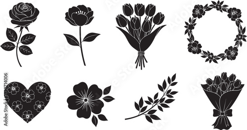 Collection of black floral silhouettes and heart shapes