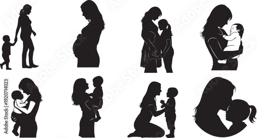 Silhouettes of mothers and children in various tender and loving poses
