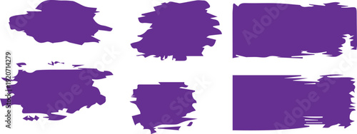 A collection of six purple paint smears on a white background with varying shapes and textures