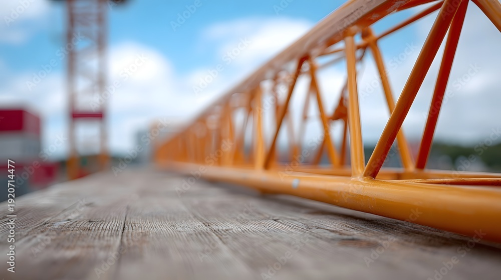Fototapeta premium Close up view of an orange crane boom section resting on wooden planks with a blurred construction site and blue sky in the background