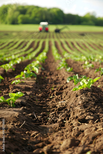 Vertical photo of young green plants growing in rows in an agricultural field. Blurred tractor in background. Farming and cultivation concept