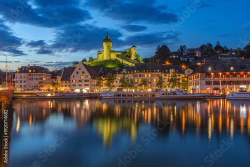 Bilde på lerret The medieval fortress Munot on the Rhine river with cruise ships in twilight, sc