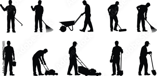 Silhouettes of workers doing landscaping, gardening and lawn care tasks, black vector figures with tools, maintenance clipart, outdoor labor illustration