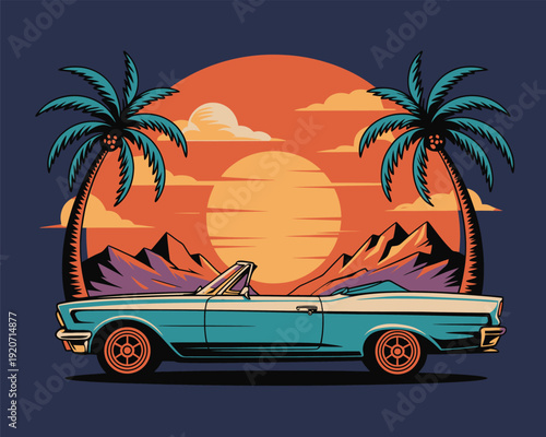 Photos Vintage convertible car parked between palm trees at sunset with mountains