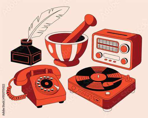 Collection of vintage and retro technology objects, including a rotary phone, record player, radio, mortar, and inkwell.