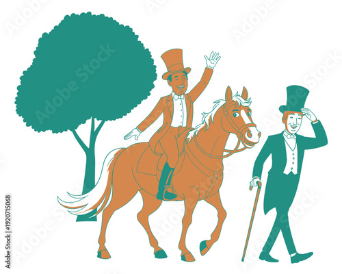 Dapper gentlemen in top hats and formal wear, one on horseback, in a charming vintage style with a stylized tree.
