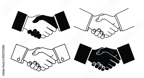 Four variations of a handshake illustration in black and white silhouette