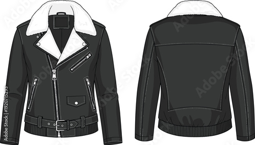 Technical CAD Drawing of Women Biker Jacket Flat Vector Illustration with Fur Collar Front Zip and Belt Detail Fashion Sketches