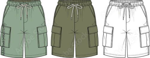 Technical CAD Drawing of Men Cargo Shorts Flat Vector Illustration with Elastic Waistband Drawstring and Side Pocket Fashion Design Sketches