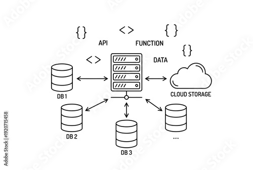 Backend Server Architecture Line Art Vector Diagram with Cloud Database Nodes Code