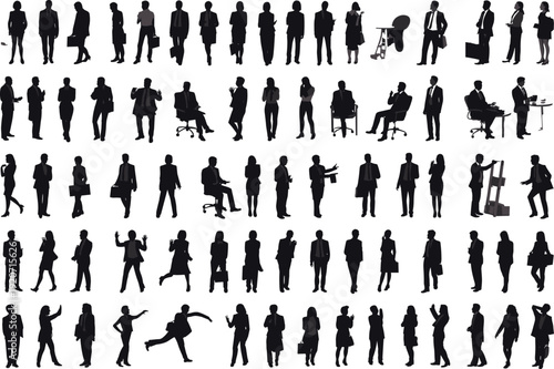 Large collection of business people silhouettes in various professional poses isolated on white background, corporate team set