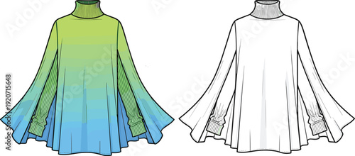 Technical CAD Drawing of Women Turtleneck Poncho Cape Top Flat Vector Illustration with Ombre Gradient and White Fashion Design Sketches