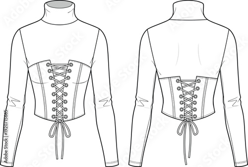 Technical CAD Drawing of Women Corset Style Turtleneck Top Flat Vector Illustration with Lace Up Detail Front and Back Fashion Sketches