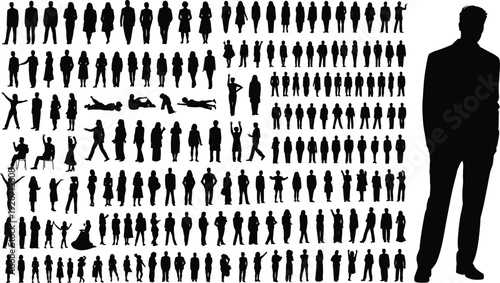 Huge collection of diverse people silhouettes in multiple poses isolated on white background, crowd business men women set