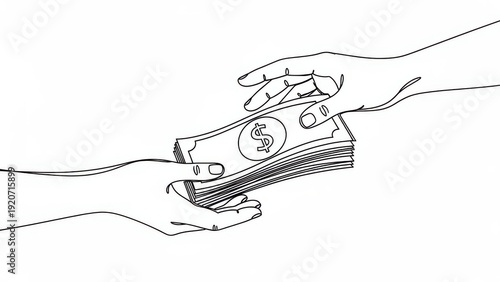 Hand passing stack of cash money, financial transaction, business concept, one line drawing