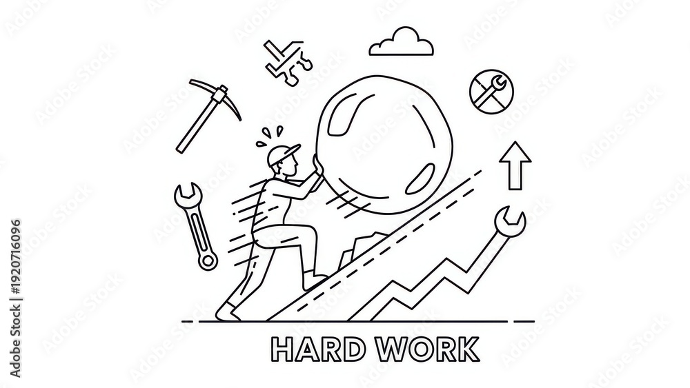 Fototapeta premium Hard Work Concept: Man Pushing Boulder Uphill with Tools and Growth Chart