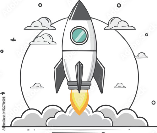 Cartoon illustration of a rocket launching into space.