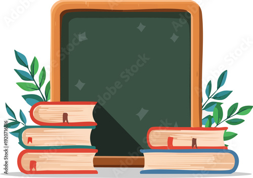 Stack of books next to a blank blackboard with leaves.
