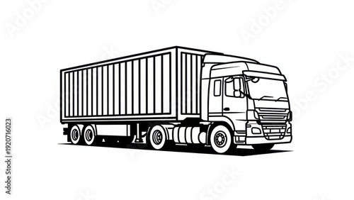 Line Art Illustration of a Cargo Truck with Container, Transportation and Logistics Concept