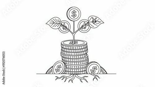 Money Tree Growth: Stack of Coins with Dollar Bills Sprouting Leaves and Roots
