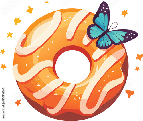 A vibrant orange donut with white glaze and a butterfly on top surrounded by stars.