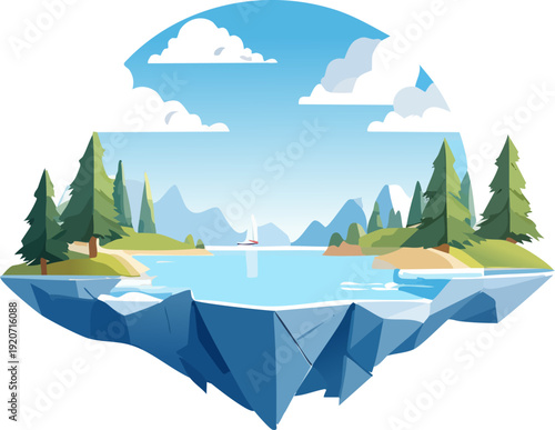 Serene landscape with lake and mountains illustration.