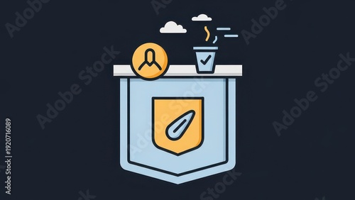 Achievement Badge with Coffee Cup and User Icon, Symbolizing Success and Productivity