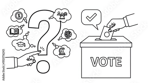 Question mark with icons and hand pointing to vote box, concept of decision making