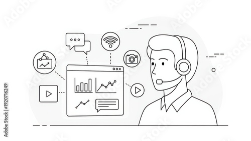 Customer service representative with headset, data analysis, communication, and technology icons