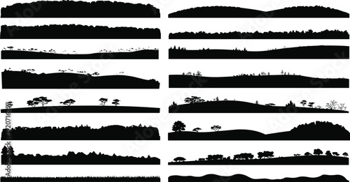 Nature landscape silhouette borders set, forest tree line hills grass black vector panorama isolated scenic background collection