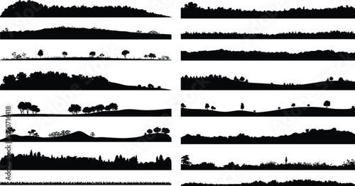 Tree and forest landscape silhouettes set, rolling hills grass borders black vector illustration isolated nature horizon collection