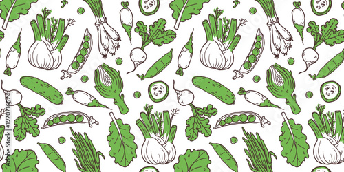 Spring vegetables doodle vector seamless pattern. Simple hand drawn sketch food illustrations with fresh seasonal organic ingredients for menu, packaging and healthy food design.
